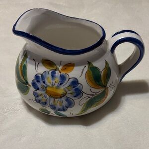 Italian Handcrafted Artisan Ceramic Pitcher with Blue and Yellow Floral Motif
